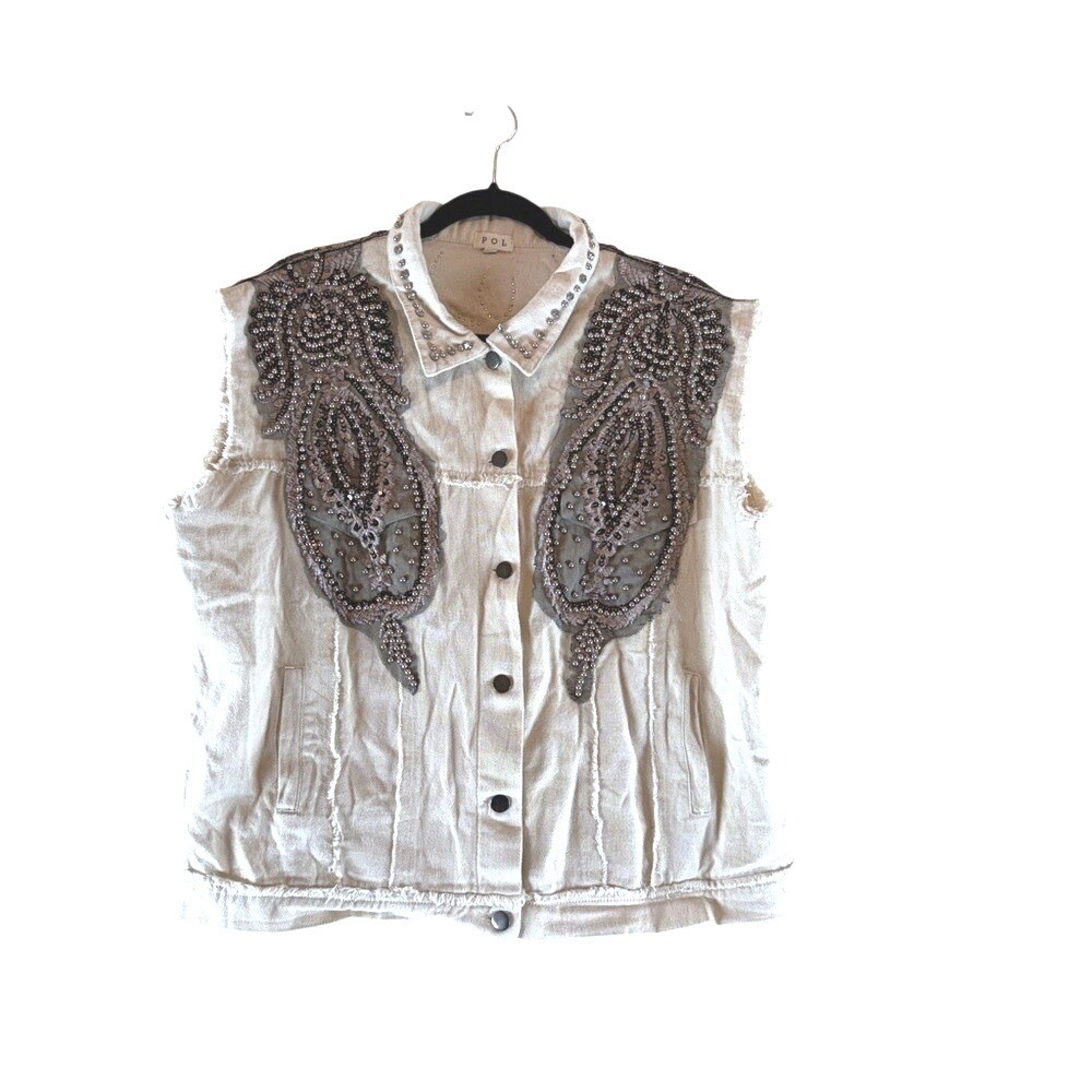 POL Embellished Denim Vest Cream Beige Oversized Beaded Studded Trucker Jacket